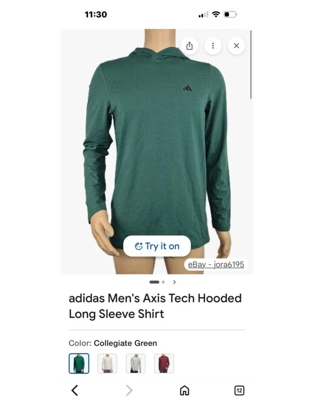 Adidas Men's Axis Tech Hooded L/S Shirt Collegiate Green Large